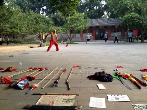 A veteran of martial art is practicing in order to attract new students for commercial purposes.