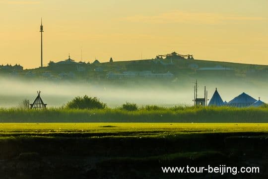 Thick Fog over the Grassland under the sunrise glow.