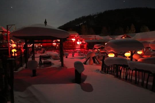 Traditional houses with a large courtyard, mushrooms and snow balls